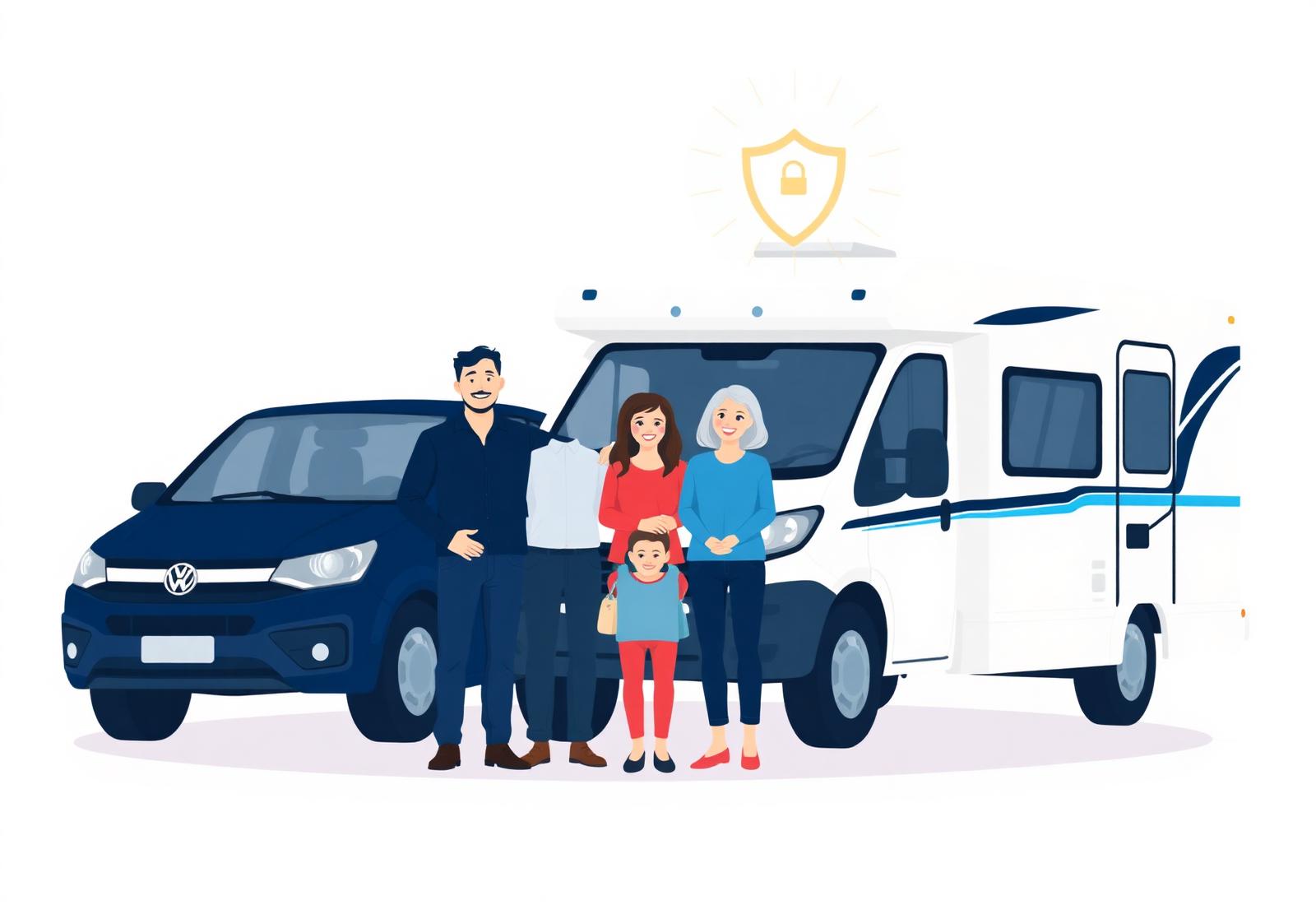 Family standing beside their protected car and RV