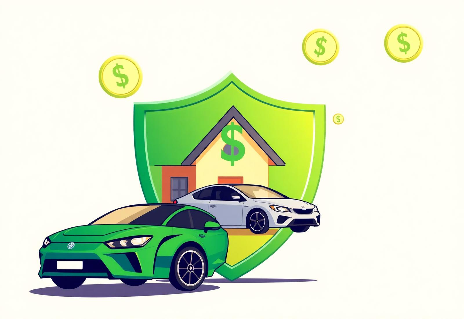 Home and car protected by a green shield with dollar coins